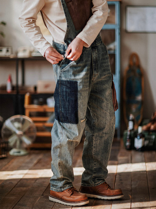 Contrast Overalls Distressed Denim Dungarees