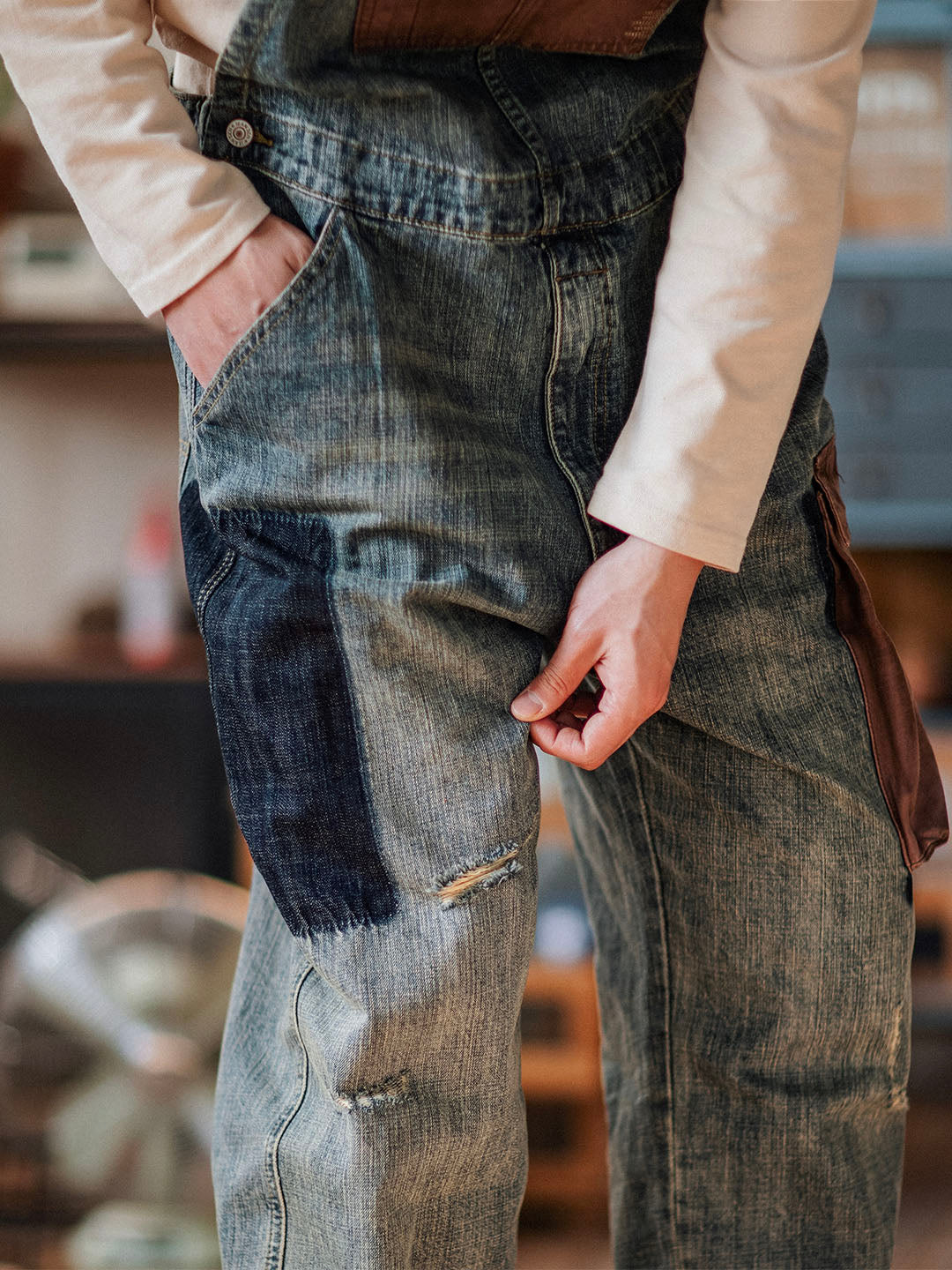 Contrast Overalls Distressed Denim Dungarees