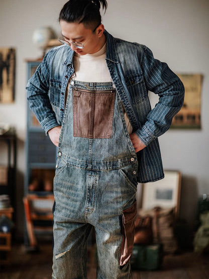 Contrast Overalls Distressed Denim Dungarees