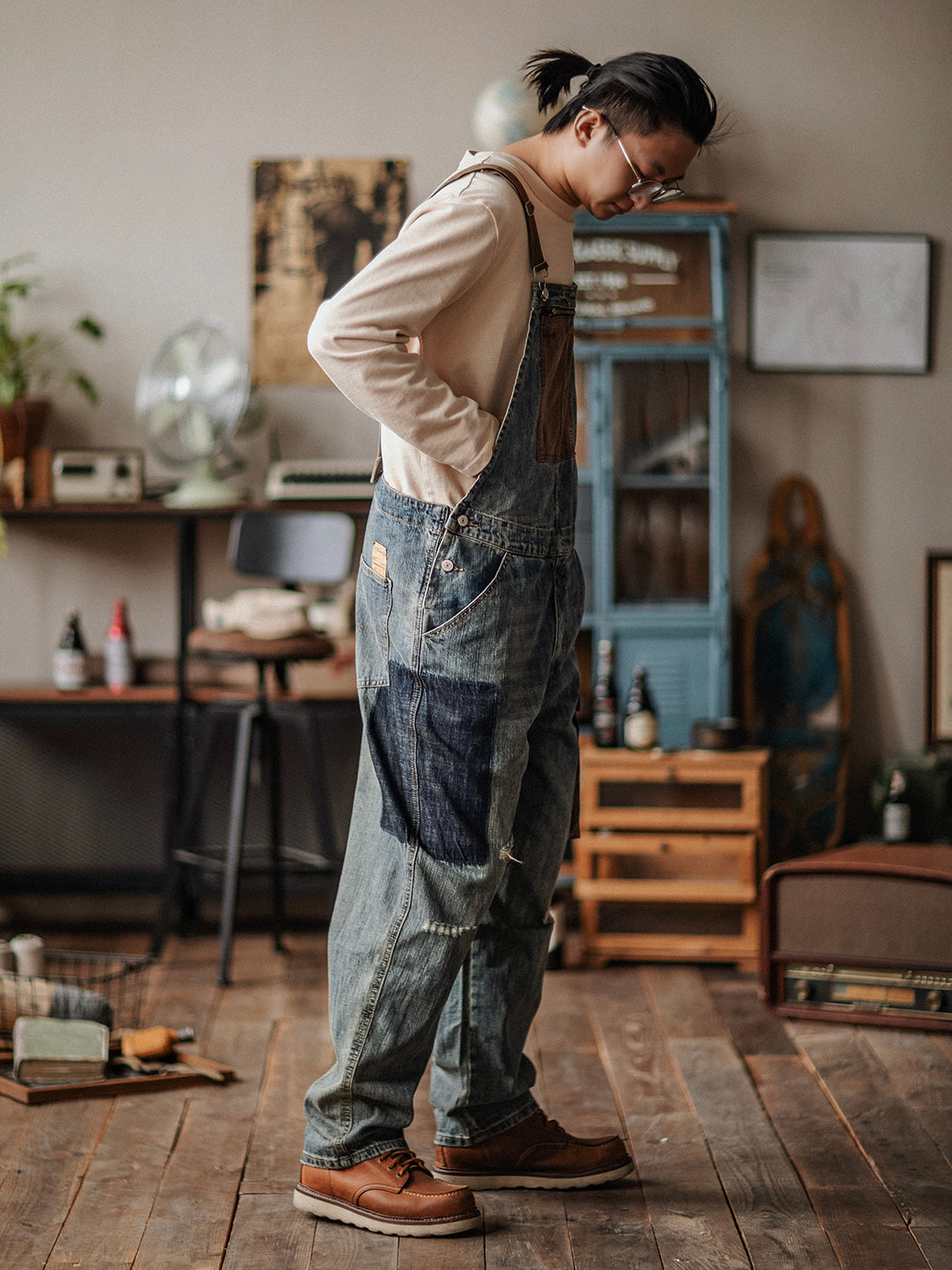 Contrast Overalls Distressed Denim Dungarees