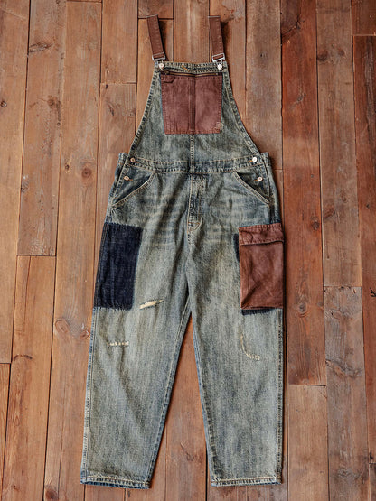 Contrast Overalls Distressed Denim Dungarees