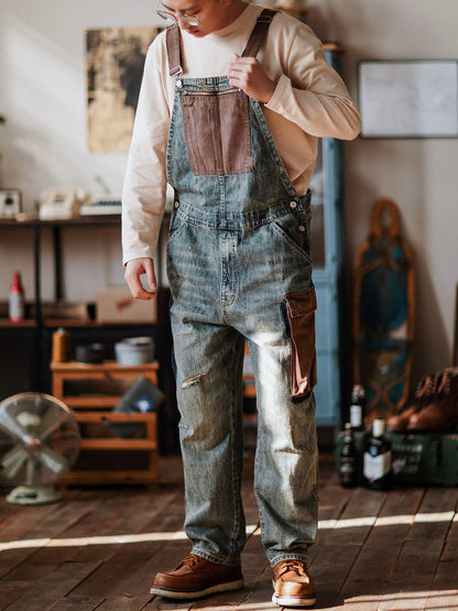 Contrast Overalls Distressed Denim Dungarees