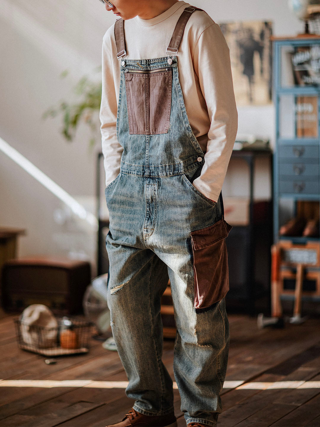 Contrast Overalls Distressed Denim Dungarees