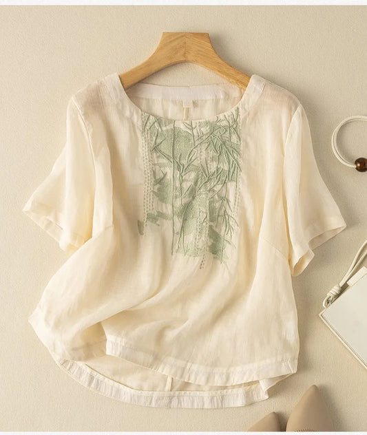 Women's Heavy Industry Embroidered Cotton And Linen Tops