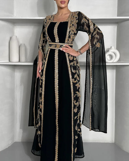 Women's Square Neck Shawl Embroidered Kaftan Dress