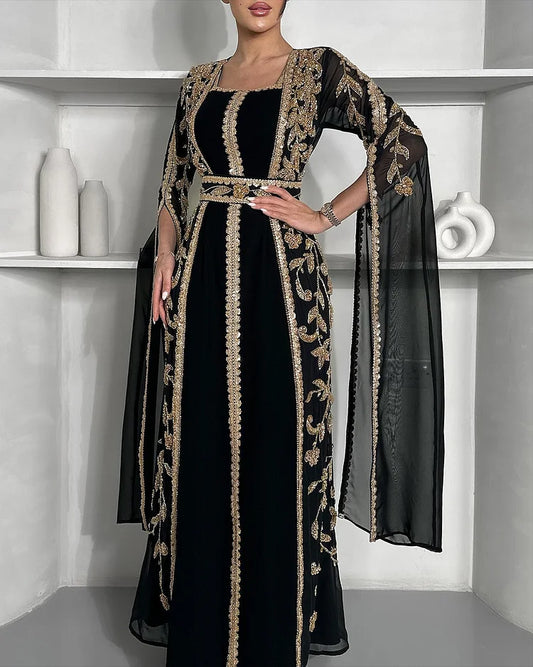 Women's Square Neck Shawl Embroidered Kaftan Dress