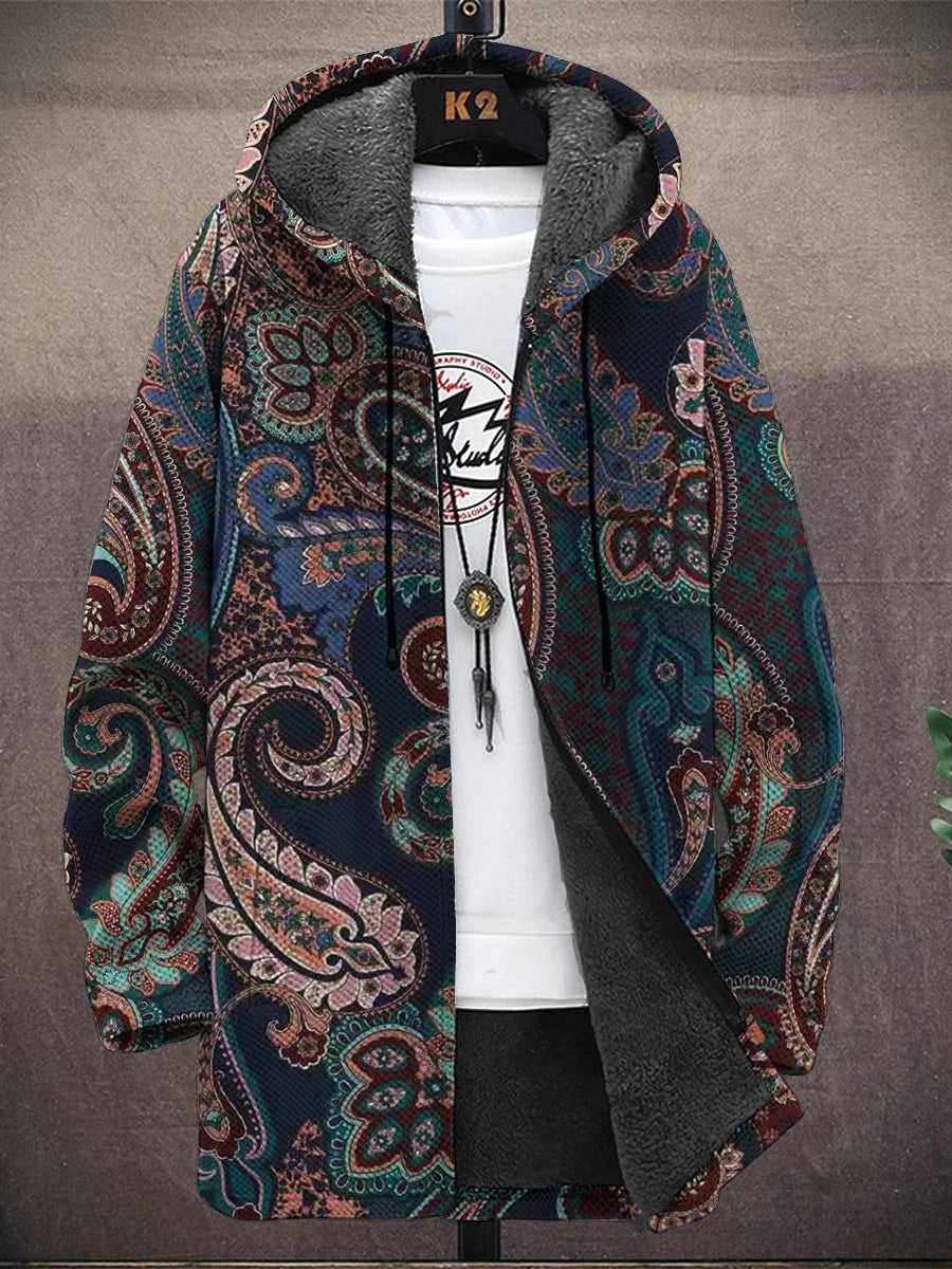 Men's Japanese Style Vintage Print Hooded Two-Pocket Fleece Jacket