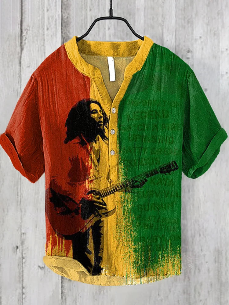 Reggae Print Linen Blend Casual Shirt