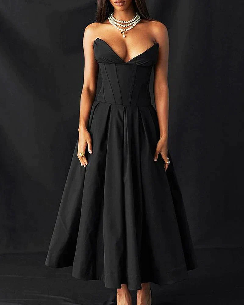 Solid Color Fishbone Tube Top Gown with Puffy Dress