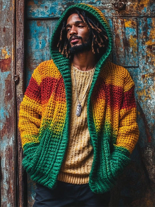 Men's Reggae Inspired Contrast Color Knit Hooded Cardigan