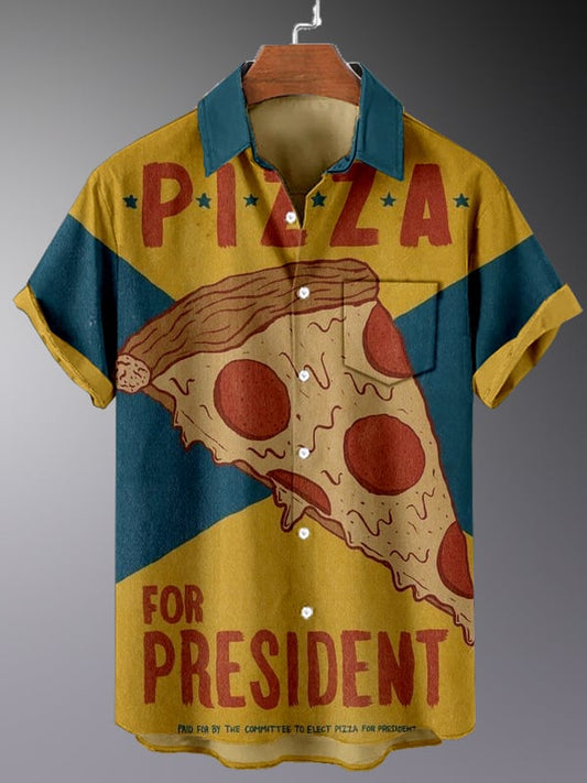 Men's Vintage Pizza Poster Printed Pocket Short Sleeve Shirt