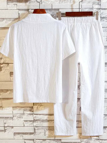 Men's Summer Short Sleeve Cotton Linen T-Shirt Set