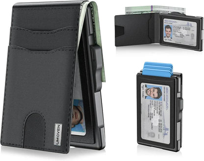 Slim Aluminum Wallet with RFID Blocking, Minimalist Leather Wallet Front Pocket with ID Window