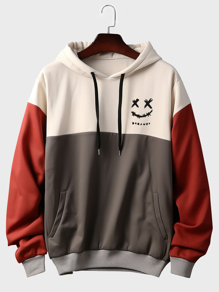 Men's Smile Face Print Patchwork Slant Pocket Drawstring Hoodies