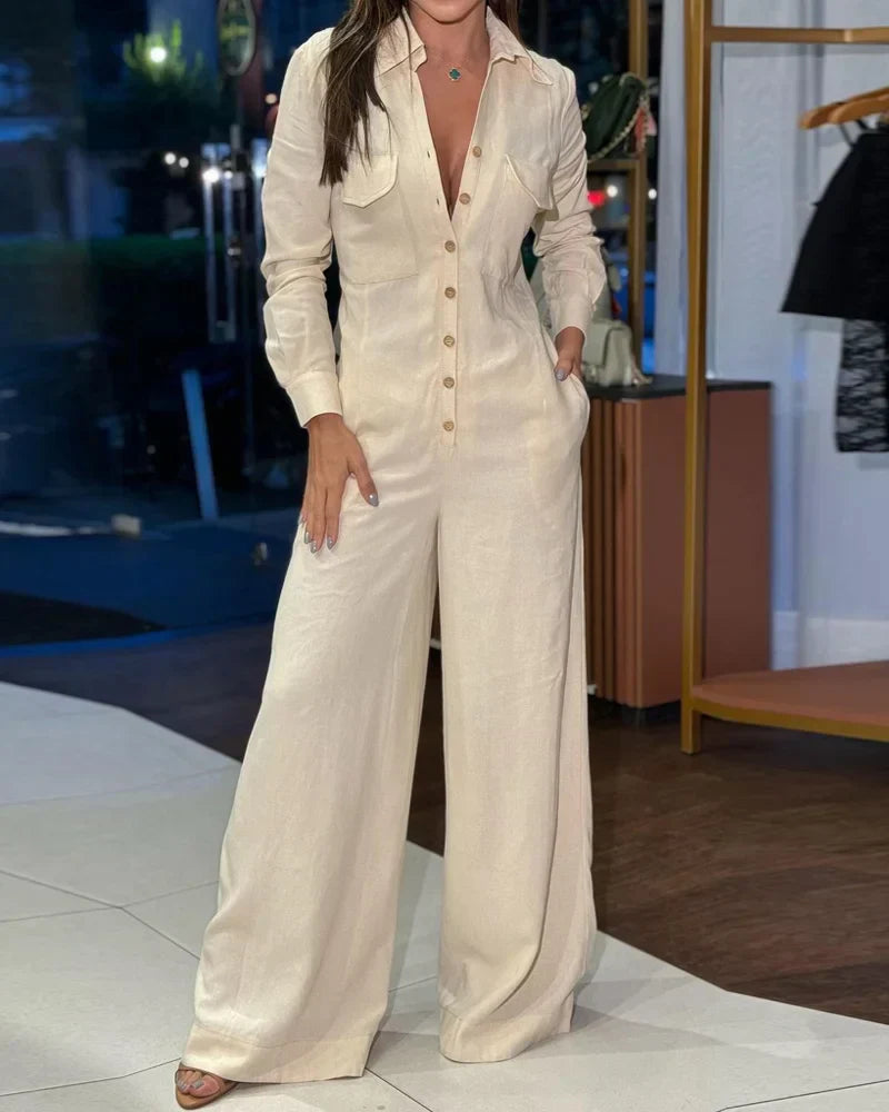 Lapel Casual Solid Color Jumpsuit