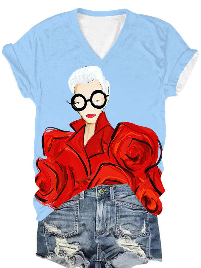 Women's Iris Apfel Print V-Neck T-Shirt