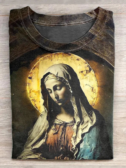 Unisex Vintage Virgin Mary Art Painting Printed Casual Short Sleeve T-Shirt