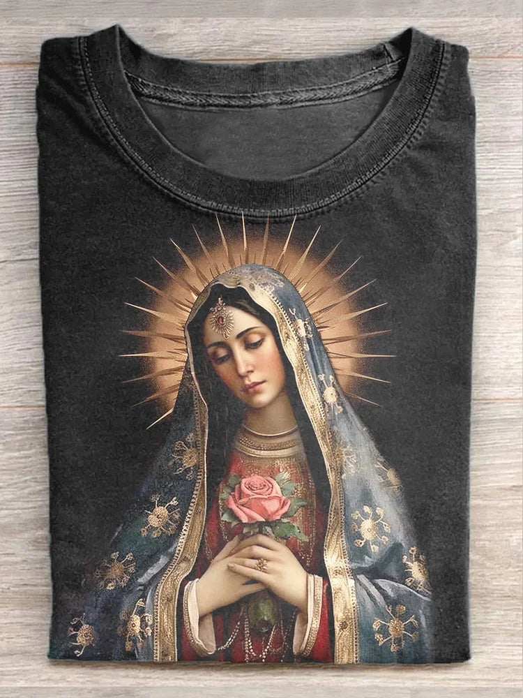 Unisex Vintage Virgin Mary Art Painting Printed Casual Short Sleeve T-Shirt