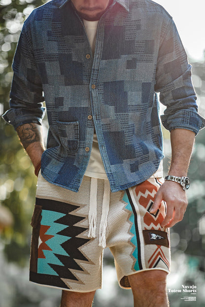 Men's Embroidery Geometric Navajo Totem Shorts Drawstring Elastic Waist Shorts