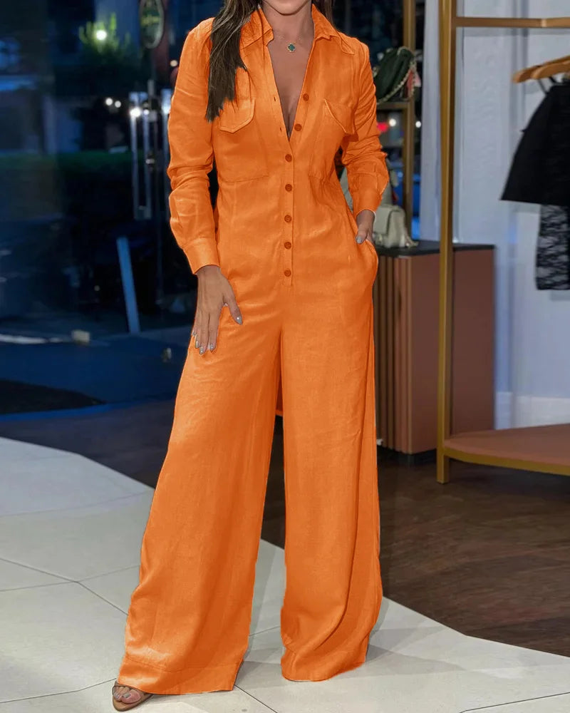 Lapel Casual Solid Color Jumpsuit