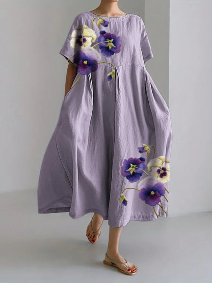 Classy Pansy Flowers Embroidered Linen Blend Maxi Dress