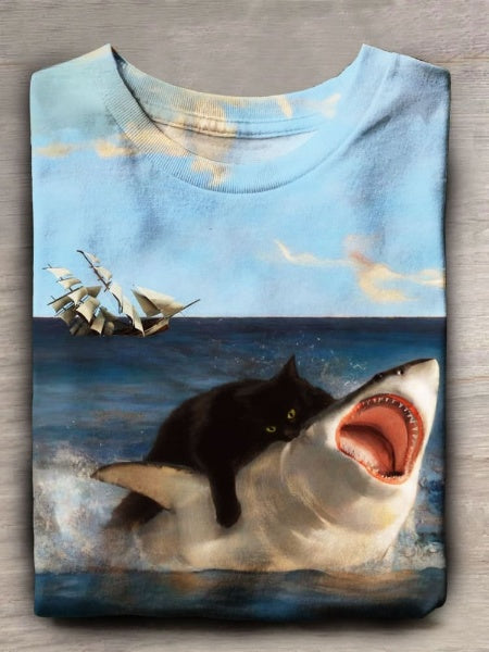 Funny Shark and Cat Print Casual Short Sleeve Top