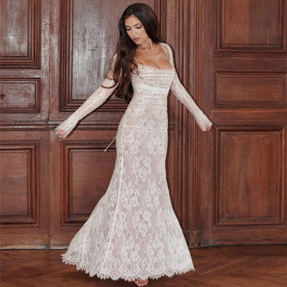 👗Shawl Drawstring Lace Maxi Dress