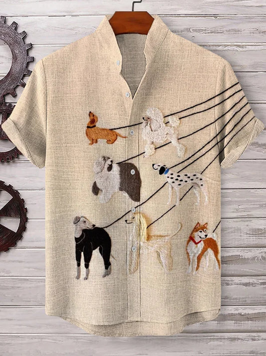 Men's Dog Walking On A Leash Art Print Linen Blend Casual Animals Shirt