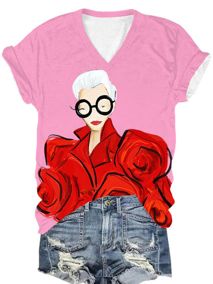 Women's Iris Apfel Print V-Neck T-Shirt