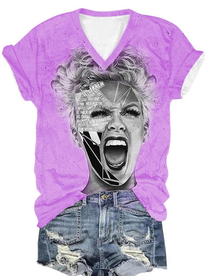 Women's Diva Concert Print Casual V-Neck T-Shirt