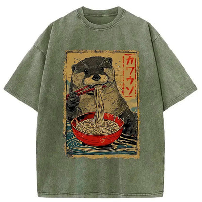 Unisex 100% Cotton Otter Eating Ramen Japan Print Acid Washed T-shirt