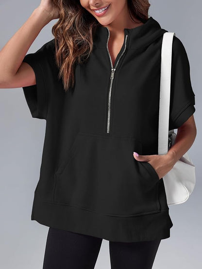 Oversized Casual Half Zip Short Sleeve Pullover Tops with Pockets