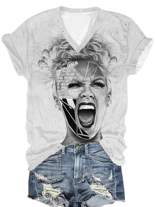 Women's Diva Concert Print Casual V-Neck T-Shirt