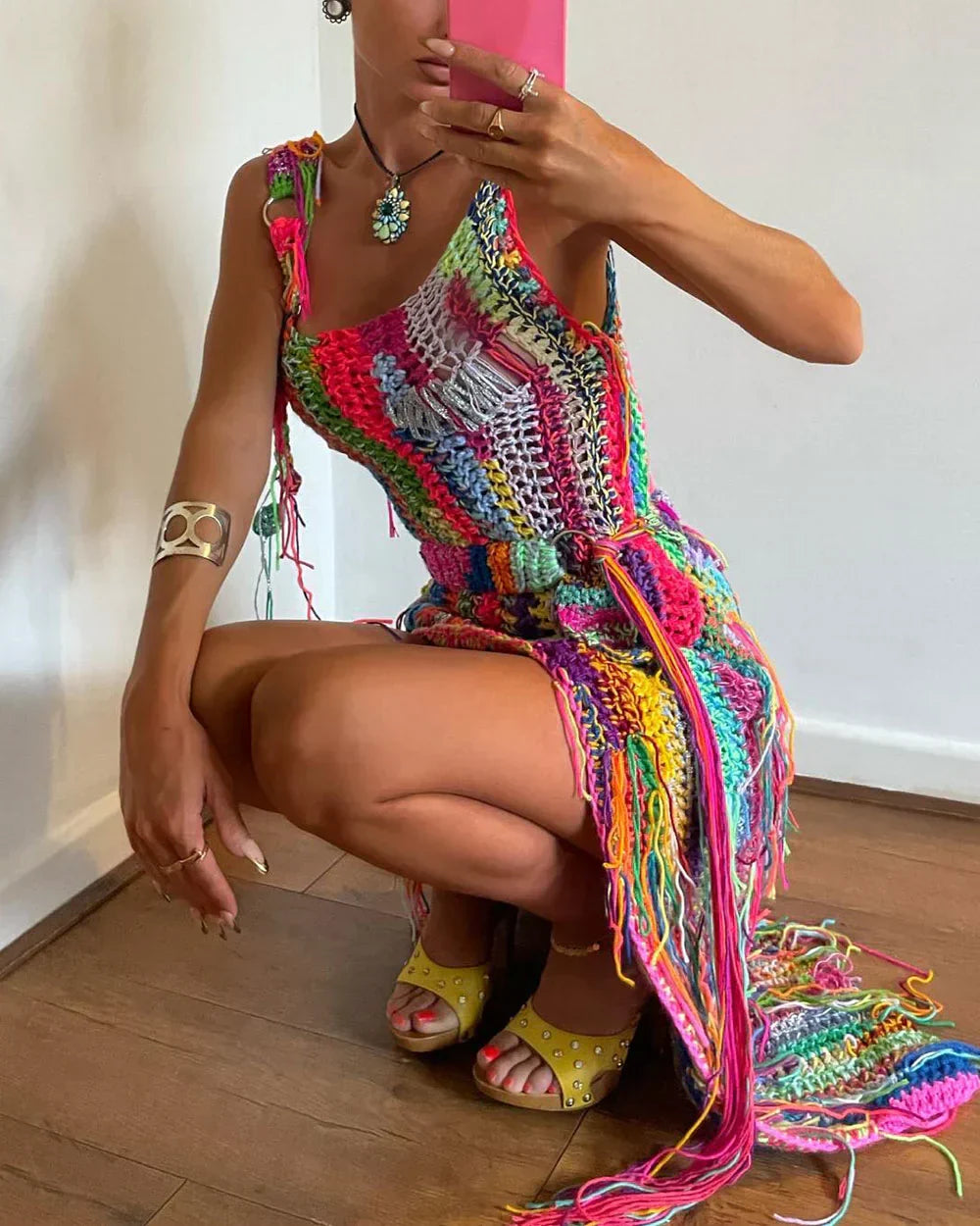 Rainbow Braided Fringed Mini Dress