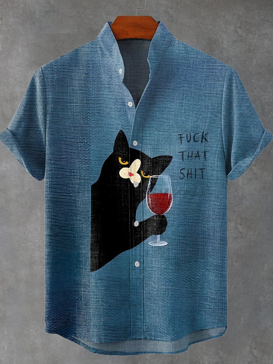 Funny Cat Wineglass Fock This Shat Art Print Casual 100% Cotton Shirt