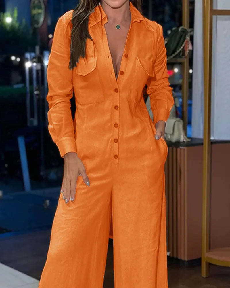 Lapel Casual Solid Color Jumpsuit