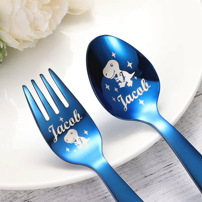 Personalised Dinosaur & Unicorn Cutlery Gift Set with Name