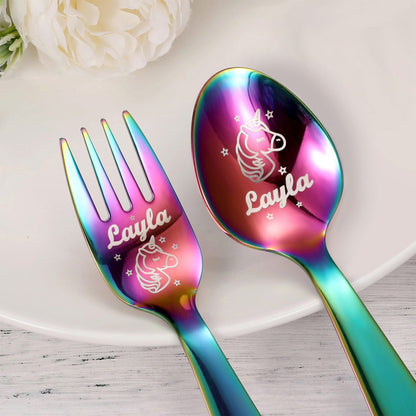 Personalised Dinosaur & Unicorn Cutlery Gift Set with Name