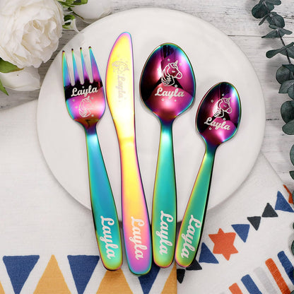 Personalised Dinosaur & Unicorn Cutlery Gift Set with Name