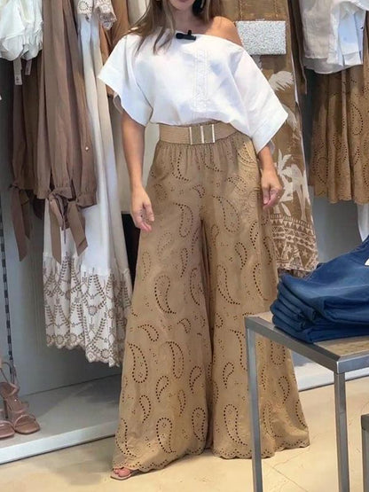 Women's Elegant Solid Color Off The Shoulder Blouse and Wide Leg Pants Set