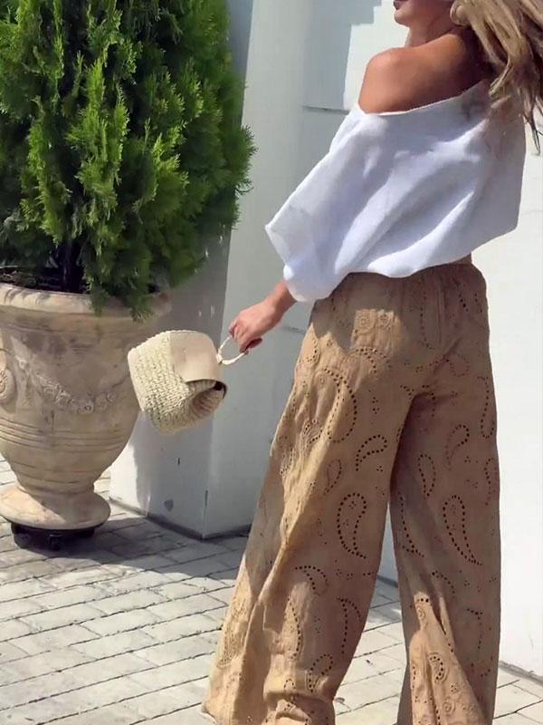 Women's Elegant Solid Color Off The Shoulder Blouse and Wide Leg Pants Set