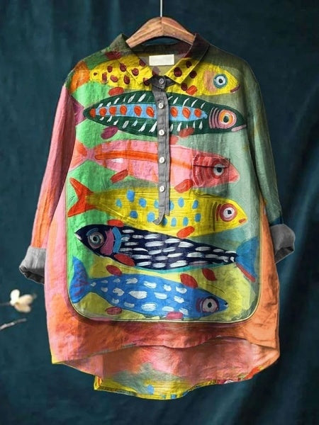 Women's Vintage Fish Art Print Casual Cotton And Linen Shirt