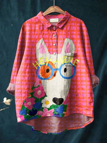 Women's Dog Art Print Casual Cotton And Linen Shirt