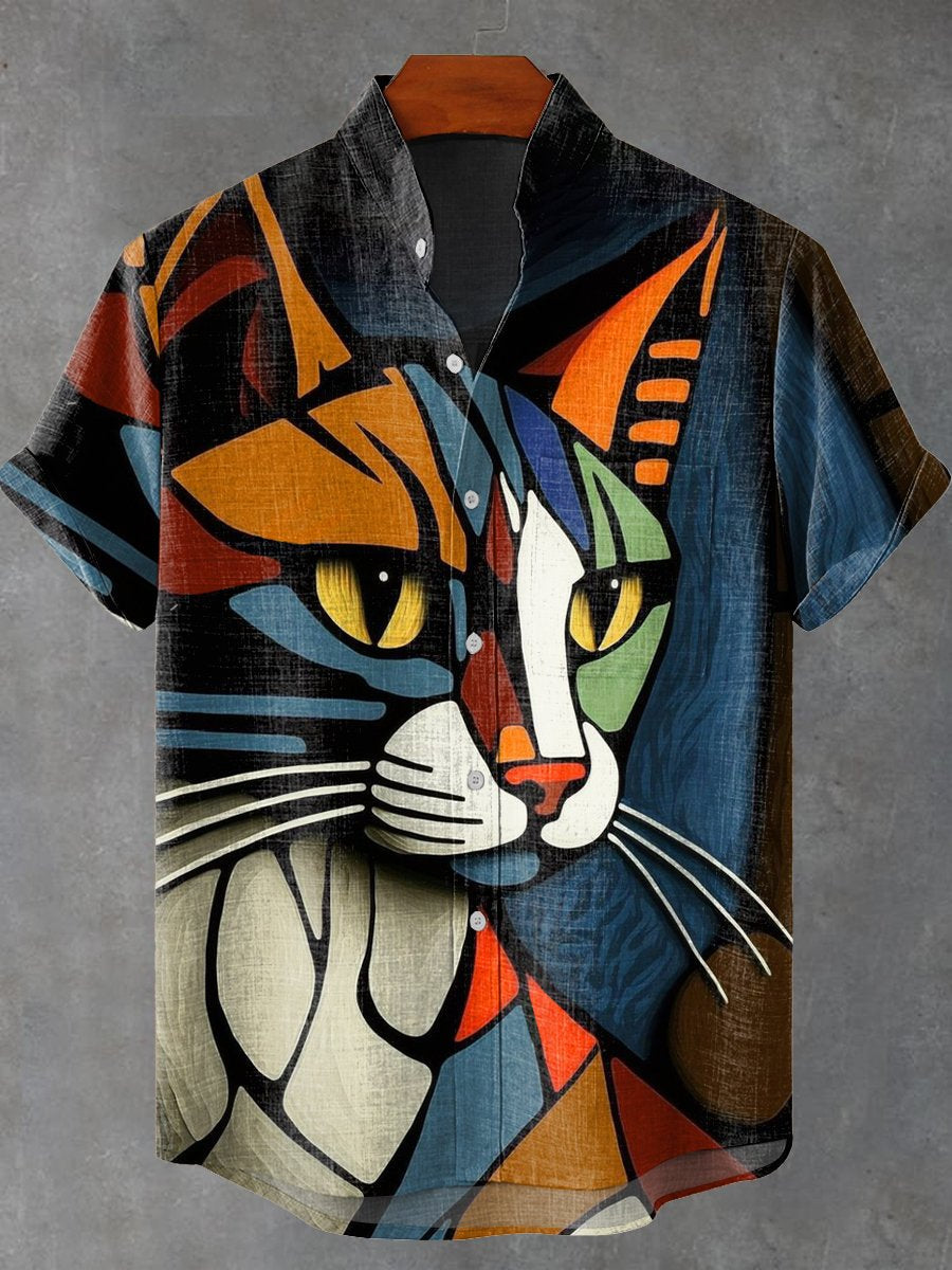 Abstract Art Cat Print Casual 100% Cotton Shirt