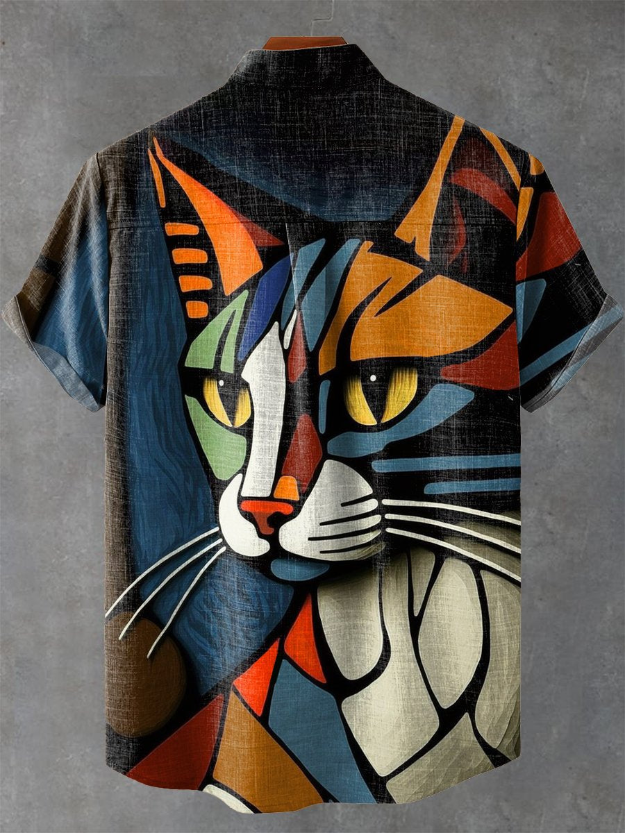 Abstract Art Cat Print Casual 100% Cotton Shirt