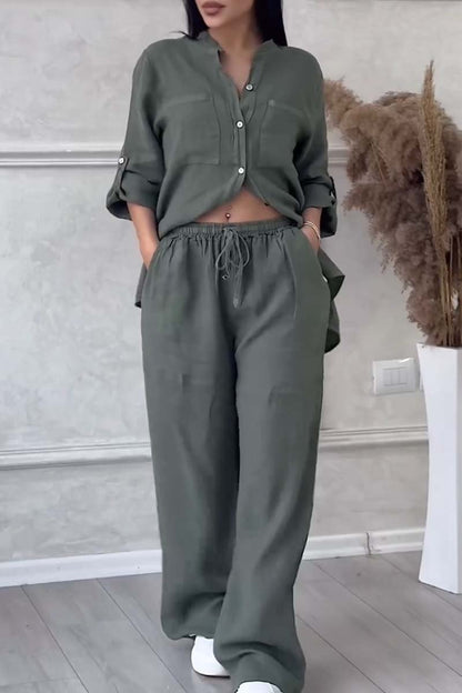 Casual Solid Color Cotton And Linen Pants Two-Piece Set