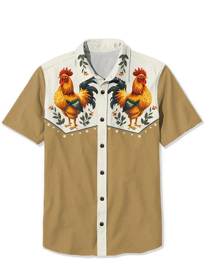 Vintage Cute Chicken With Animal Designs Print Casual 100% Cotton Shirt