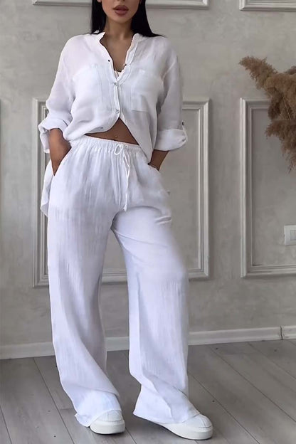 Casual Solid Color Cotton And Linen Pants Two-Piece Set