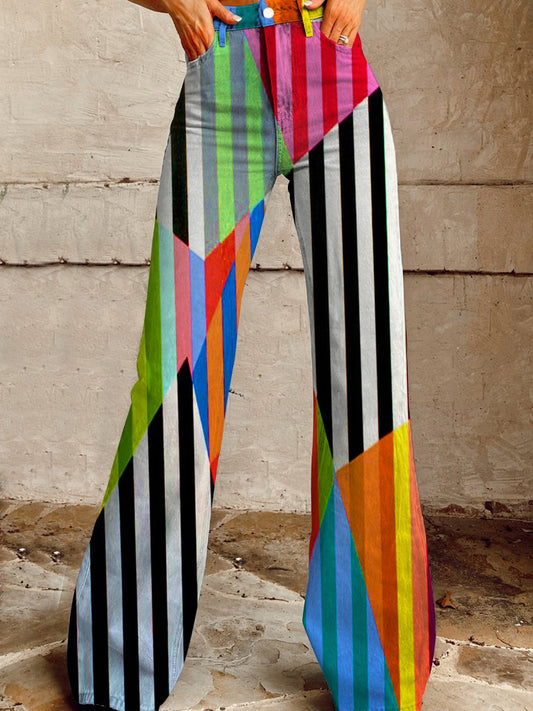 Women's Pride Day Rainbow Color Black Stripe Color Block Print Casual Wide Leg Pants