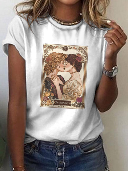 Lesbian Pride Tarot Card And They Were Roommates LGBT Casual Print T-Shirt